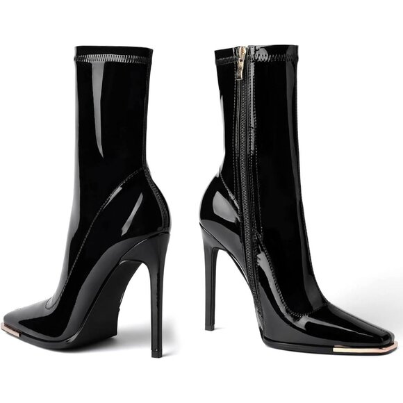 Women's Mid Calf Comfy Square Closed Heel Zipper Short Ankle Stiletto Black Boot - Picture 5 of 8